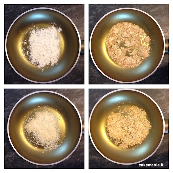 In alto, la farina di grano prima e dopo la tostatura. In basso, la farina di mandorle priam e dpo la tostatura. Photo © Cakemania®