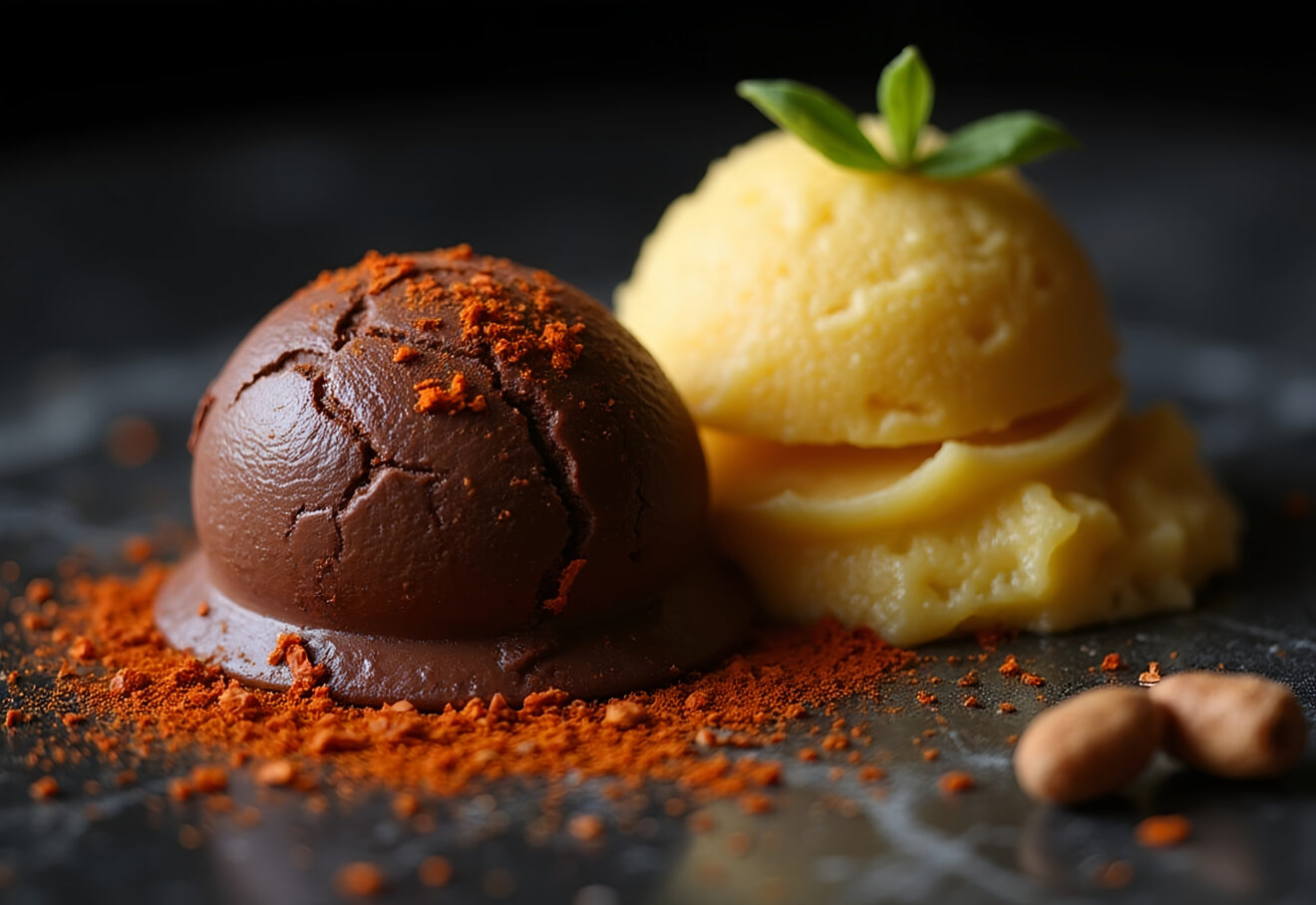 Gelato al cioccolato fondente con peperoncino in polvere e sorbetto allo zenzero e lime