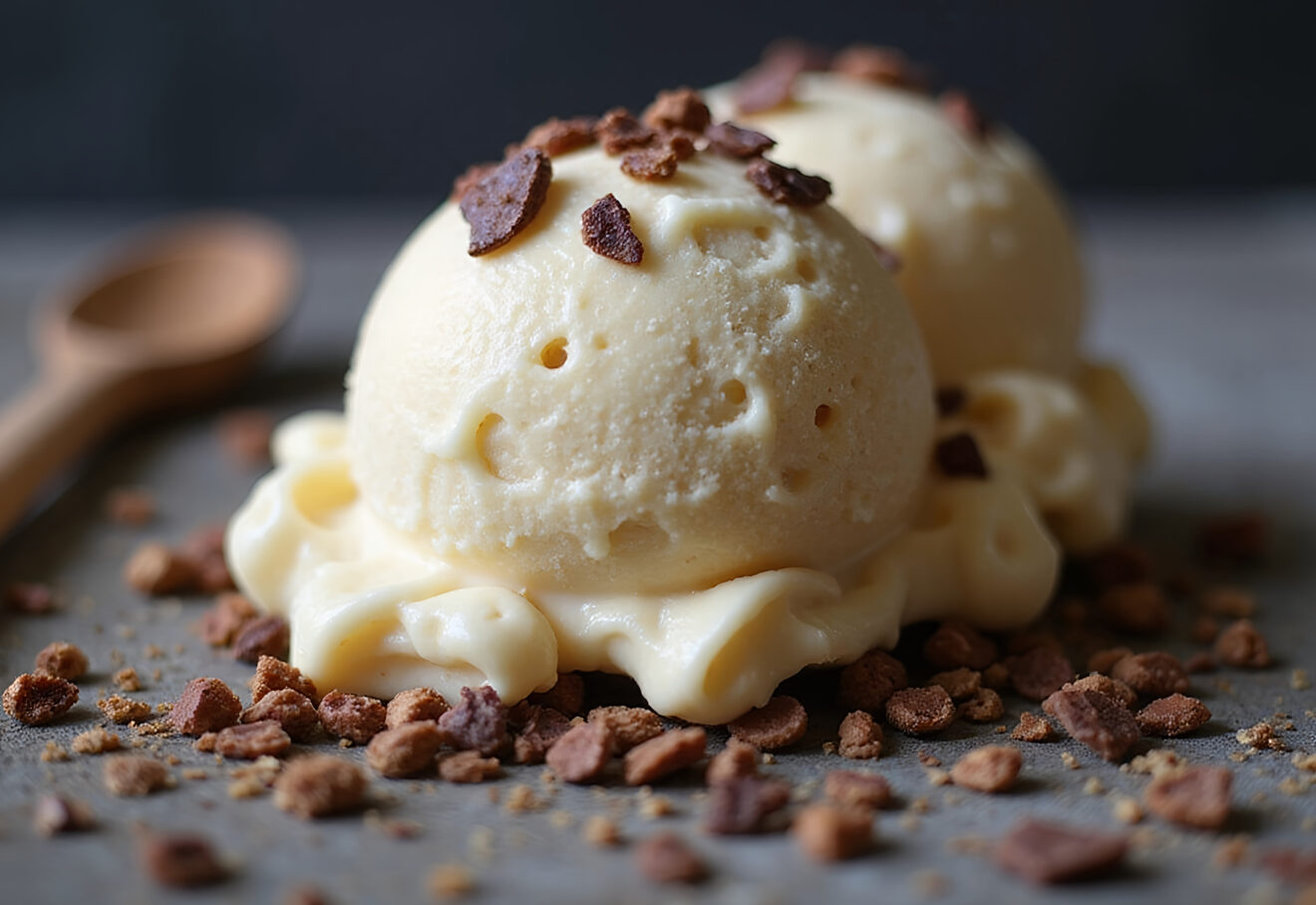 Gelato alla vaniglia con gocce di cioccolato affumicato