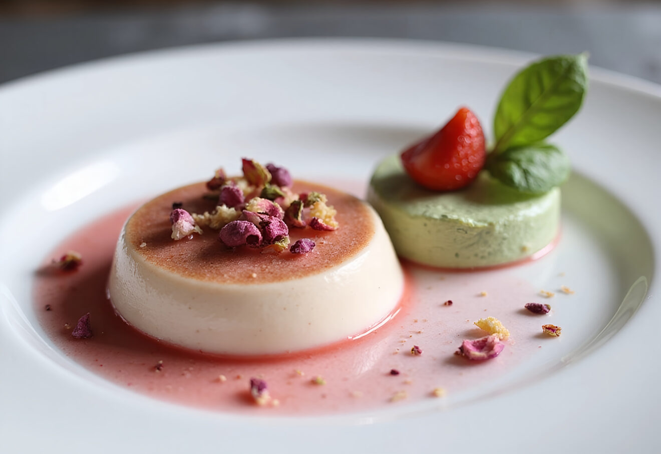 Panna cotta alla rosa e mousse al basilico e fragole