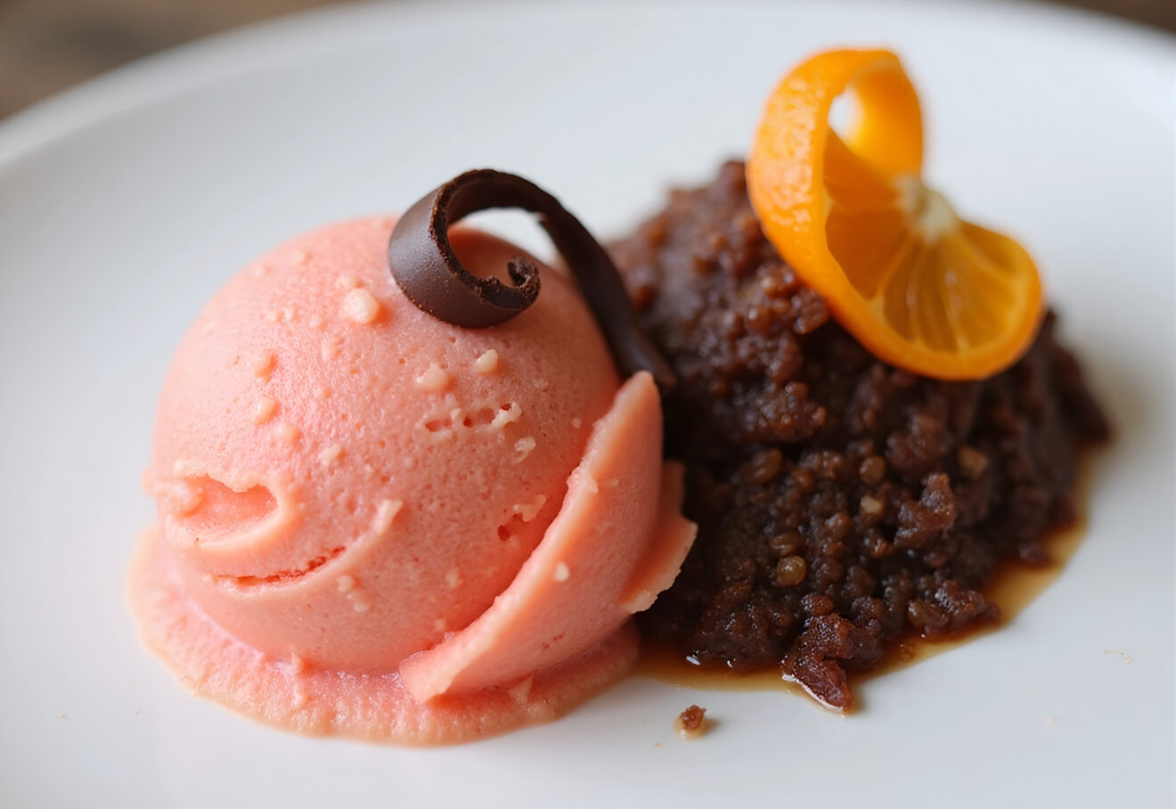 Gelato al pompelmo rosa e granita al caffè amaro con scorza di arancia